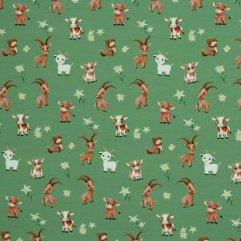 Preview: Baumwolljersey Alpenliebe Tiere auf Grün by Swafing von Mrs. Mint Design